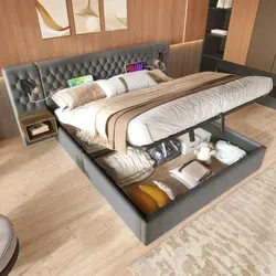 STILVORA Polsterbett 180 x 200 cm Doppelbett mit USB-Ladeanschluss & Leselicht,Hydraulisch Stauraumbett mit Nachttischen & Bettkästen,Grau(Ohne Ma... - Grau