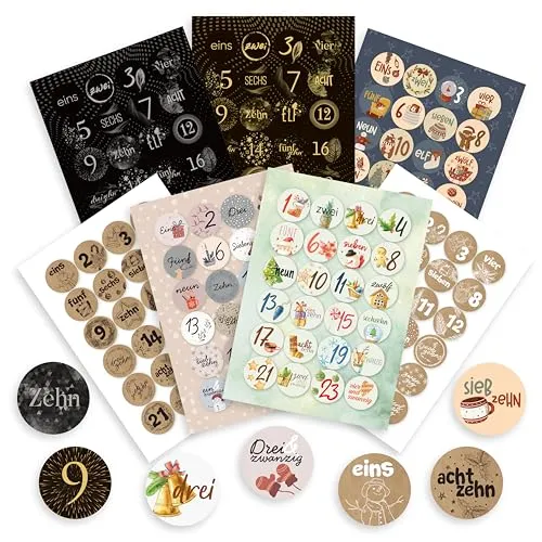 colortouch 7 x 24 Adventskalender Zahlen Aufkleber (1-24) Adventskalenderzahlen Etiketten Selbstklebend, 168 St Sticker für Kalender zum selber basteln für Weihnachten, Rund Zahlenaufkleber Nummern