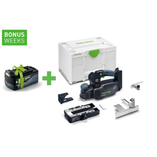 Festool Akku-Hobel HLC 82 EB-Basic-Set 578600 - Elektrohobel mit 2,5 mm Spanabnahme und 25 mm Falztiefe, ideal für schnelle Anpassungsarbeiten auf Baustellen und in Werkstätten.