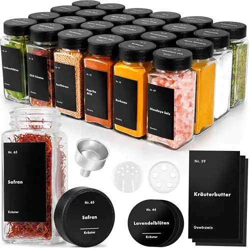 EDELHAUS Gewürzgläser Set (24 x 120ml) mit Schwarz Deckel und Etiketten