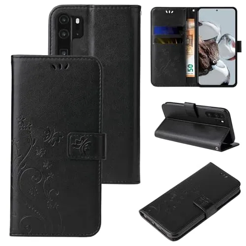 LBH Handy Hülle für Huawei P30 Pro Case Handytasche Schmetterling Blumen Flower Standfunktion Schutzhülle Magnet Rundum Schutz 360 Grad Flipcase Cover Schwarz