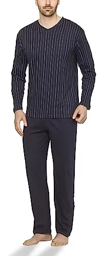 Moonline Herren Schlafanzug lang - 100% Baumwolle, V-Ausschnitt, Streifen-Design - Schlafanzug für Herren aus 100% Baumwolle, atmungsaktiv und bequem. Ideal für einen erholsamen Schlaf oder entspannte Stunden zu Hause. Größe: 46/48 bis 5XL.
