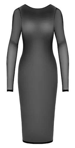 Cottelli Party Kleid, Schwarz, M - Erotisches Kleid aus transparentem Powernet, figurbetont mit langen Ärmeln und tiefem Rückenausschnitt, ideal für unvergessliche Partynächte.