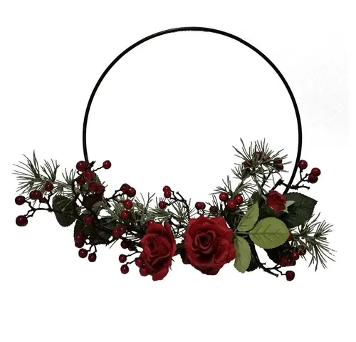 Kunstblume *festl. Dekoring aus Rosen, Beeren, Zeder-Tanne am Organzaband* Rose (Rosa), 2474U, Höhe 33 cm, künstlich, naturgetreu, täuschend echt