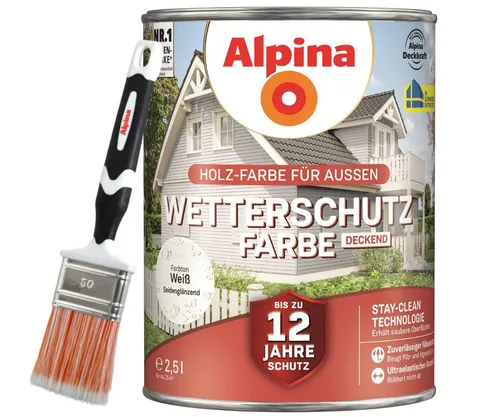 Alpina Holzschutzlasur - Set - Wetterschutz-Farbe deckend 2,5L + Pinsel 50mm
