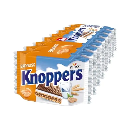 Knoppers Erdnuss – 8 x 25 g – Gefüllte Waffelschnitten mit Milch- und Erdnusscreme, feinsalzigen Erdnuss-Stückchen und Kakao