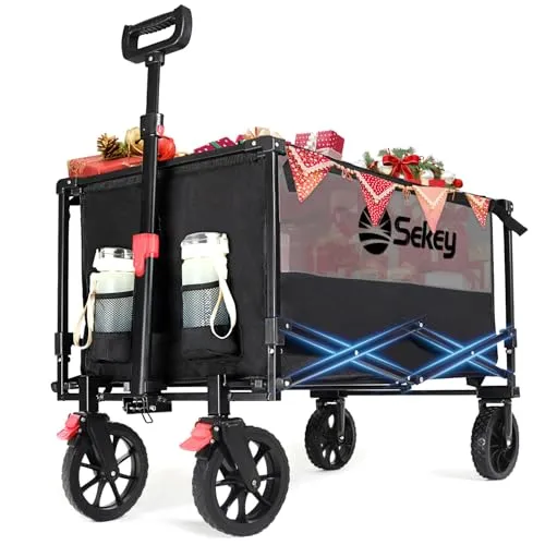 Sekey XXL Bollerwagen Faltbar mit Bremsen - Handwagen mit 160L Kapazität, ideal für Strand, Camping oder Einkaufen. Robuste Konstruktion mit 150KG Tragfähigkeit und verstellbarem Handgriff für optimalen Komfort.