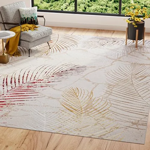 TAPISO Golden Teppich Wohnzimmer Kurzflor Schlafzimmer Luxuriös Creme Gold Rot Blätter Meliert Verwischt Modern Design ÖKOTEX 80 x 150 cm