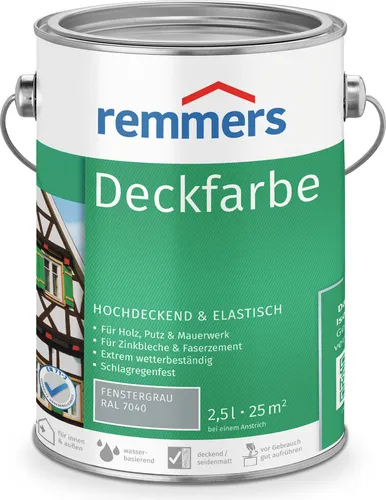 Remmers Holzfarbe Deckfarbe 2,5l - Wetterfest in RAL 7040 Fenstergrau - Hochdeckende, seidenmatte Holzfarbe auf Wasserbasis für innen und außen. Wetterfest, feuchtigkeitsregulierend und geeignet für Kinderspielzeug. Ideal für langlebige Holzanstriche.