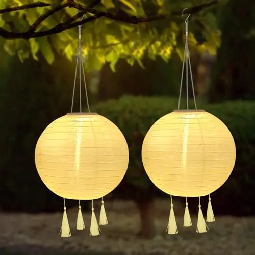 Produktbild YIFMOO Solar Lampions, 2 Stück 25 CM Solarlaterne Außen Wetterfest, LED Wasserdicht Lampion mit 4 Quaste, Hängende Nylon Laterne für Gärten, Höfen, Balkonen, Hochzeit Dekoration (Warmweiß)