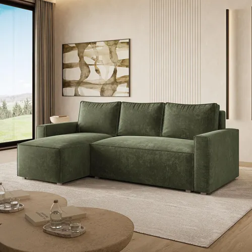 Masseno Ecksofa POTARO LM mit Schlaffunktion in L-Form - Stilvolles Wohnzimmersofa in Grün - Ecksofa POTARO LM vereint elegantes Design mit praktischer Schlaffunktion und Stauraum. Ideal für gemütliche Abende und unerwartete Gäste. Der hochwertige Stoff LUMO 20 sorgt für Komfort und Stil.