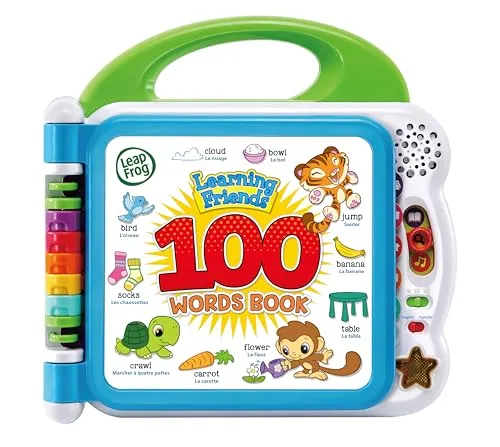 LeapFrog Learning Friends 100 Words Baby Book - Interaktives elektronisches Lernbuch für Kleinkinder, fördert den Wortschatz mit 12 Kategorien und zweisprachigem Spiel in Englisch und Französisch.