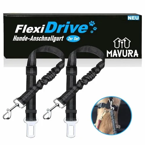 FlexiDrive Hunde Auto Sicherheitsgurt elastisch verstellbar, KFZ Hundegurt mit Rückdämpfung schwarz [2er Set]
