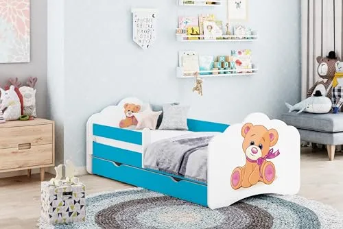 Happy Babies MOBI - Kinderbett 160 x 80 | Kinderbett mit Rausfallschutz & Bettkasten | Jugendbett mit farbigem Aufkleber | Kinderbett mit Matratze 80x160 | Kinder-Bett für Mädchen & Jungen BLAU (M10)