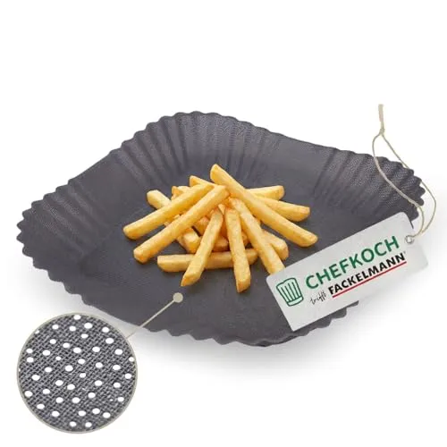 Chefkoch trifft Fackelmann Einsatz für Heißluftfritteuse – 28,5 x 28,5 cm, aus glasfaserverstärktem Silikon, dunkelgrau, hitzebeständig bis 230°C, optimale Luftzirkulation, Silikonform für Airfryer