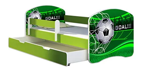 ACMA Kinderbett Jugendbett mit Einer Schublade und Matratze Grün mit Rausfallschutz Lattenrost II 140x70 160x80 180x80 (14 Goal !!!, 160x80 + Bettkasten)