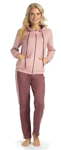 Consult-Tex Damen Pyjama Freizeitanzug Hausanzug Homewear Suit Jogginganzug Pyjama Baumwolle Reißverschluß DW100 Bordo 44/46