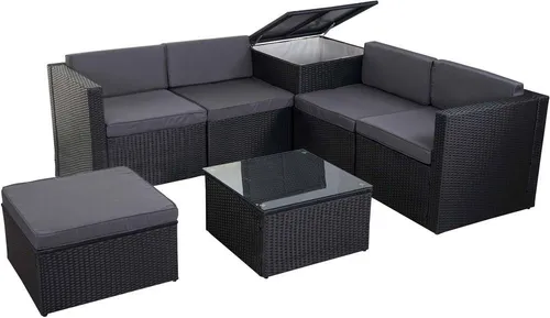 Poly-Rattan-Garnitur HWC-D21, Balkon- und Garten-Lounge-Set - Gartenmöbel mit praktischer Aufbewahrungsbox, ideal für individuellen Komfort und Platzersparnis. Wasserabweisende Kissen sorgen für entspannten Genuss im Freien.