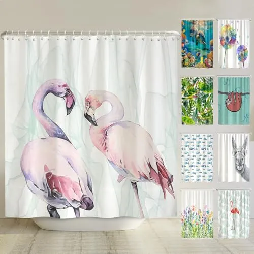 arteneur® - Loving Flamingos - Anti-Schimmel Duschvorhang 240x200 - Recycelt mit Öko-Tex Standard 100 - Beschwerter Saum, Blickdicht, Wasserdicht, Waschbar, 16 Ringe & E-Book mit Reinigungs-Tipps