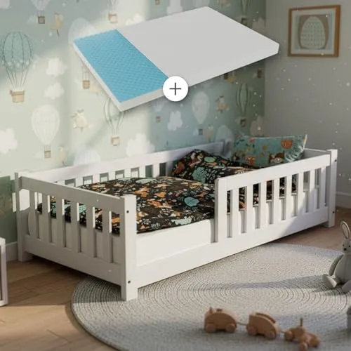 Juskys Kinderbett Naya, 80x160 cm – Sicherer Schlaf für Kinder - Betten für Kinder mit Rausfallschutz, inklusive Matratze und Lattenrost. Robustes Kiefernholz, ideal für sichere Nächte und optimalen Komfort.
