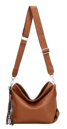 ITALYSHOP24 Damen Tasche Shopper Hobo Bags Crossbody Schultertasche Umhängetasche Handtasche Gürteltasche Crossover Kunst Leder Cognac V1
