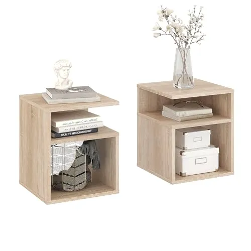 KOMTO Nachttisch 2er Set Sonoma Eiche – Nachtschrank, Beistelltisch mit 2 offene Fächer, Nachtischschränke für Schlafzimmer, Wohnzimmer | Bedside Table KABA 35 x 35 x 41,5 cm