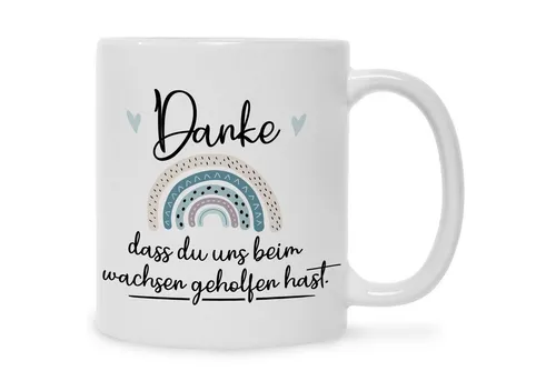 GRAVURZEILE Tasse Tasse mit Motiv - Danke dass du uns beim Wachsen geholfen hast, Regenbogen Blau - Weiß