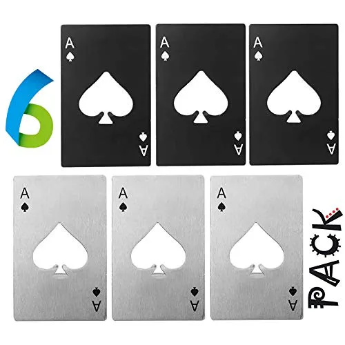 WZLEMOM 6 Stück Set Flaschenöffner, Pokerflaschenöffner, personalisierter lustiger Bierflaschenöffner, Edelstahl flach Casino Flaschenöffner, biergeschenke, Spaten Bieröffner, 3 Silber & 3 Schwarz