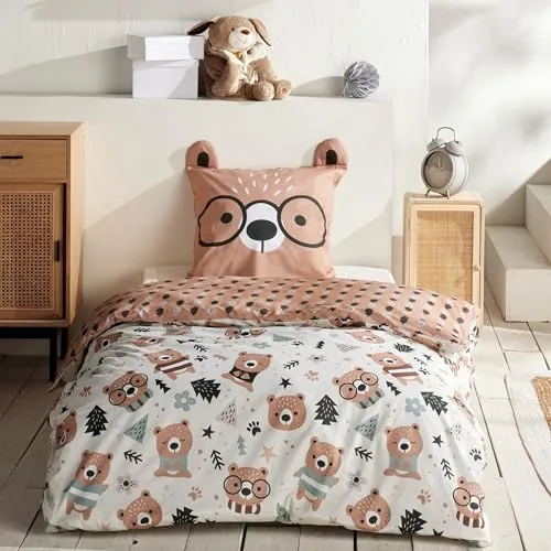 Familando Kinderbettwäsche Bär 135x200 cm - Bettwäsche-Set aus 100% Baumwolle mit süßen Bärenohren und wendbarem Design für zwei Looks. Pflegeleicht und atmungsaktiv, ideal für erholsame Nächte.