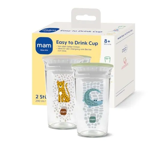 MAM Easy to Drink Cup 360° 290 ml, 2er-Set, ab 8 Monaten, Kroko/Leo | Auslaufsicherer Silikoneinsatz mit Ventil, edle Glasoptik, leicht zu reinigen, Trinkbecher