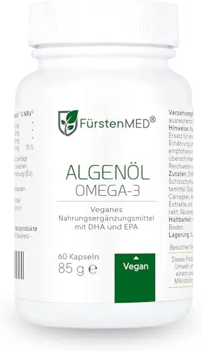 FürstenMED® Omega 3 Algenöl Kapseln Hochdosiert mit 620mg DHA und 350mg EPA pro Tagesdosis + Vitamin E, Omega 3 Vegan, 60 Softgel-Kapseln, Laborgeprüft & Ohne unerwünschte Zusatzstoffe