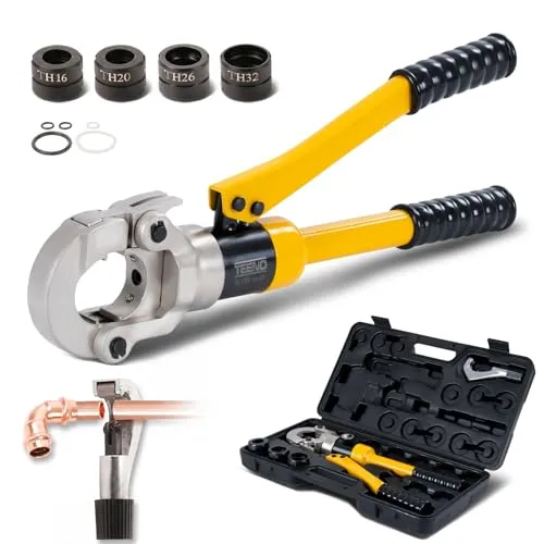 Profi Presszange TH-Kontur TEENO(100Kn), Presswerkzeug Set mit Rohrschneider, Rohr-Crimpzange 360° drehbarem Kopf, für Verbundrohr mit Fittings der TH-Kontur, Fittings: TH16, TH20, TH26, TH32