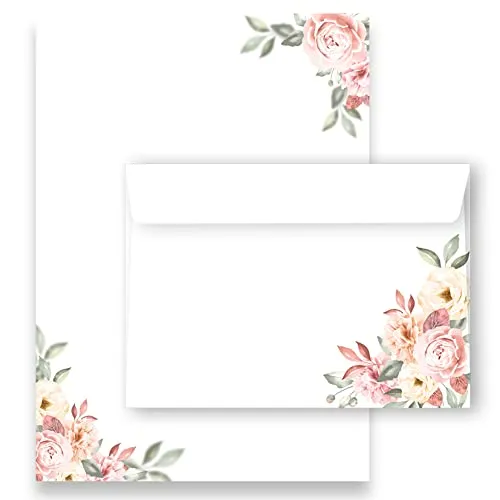 Briefpapier/Briefumschlag Set edel mit Rosen in altrosa und zarten Pastelltönen bedruckt 2 seitig A4 120 g/m² c6 80 g/m² Kuvert vintage 20 Blatt Briefpapier MIT 10 Umschlägen