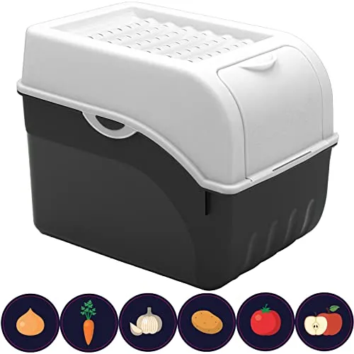 ARTECSIS Kartoffel Aufbewahrungsbox weiß I für ca. 6 kg Kartoffeln I Kartoffelbox, Zwiebelbox, Gemüsebox mit Deckel + 6 Aufkleber mit Gemüsesorten