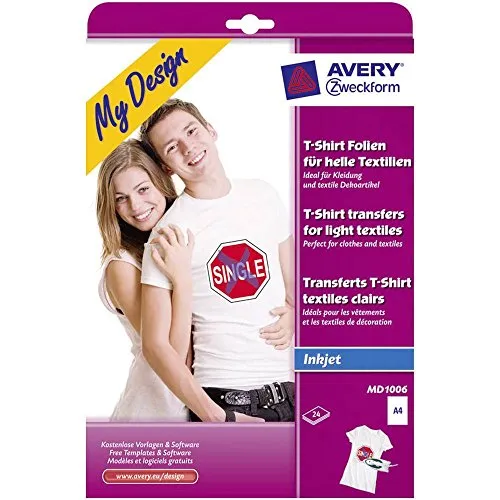 AVERY Zweckform MD1006 - T-Shirt Transferfolie - Transfer-Papier für kreative T-Shirt-Gestaltung, 24 hochwertige Folien für helle Textilien, waschmaschinenfest und einfach zu verwenden mit Online-Designer für individuelle Motive.