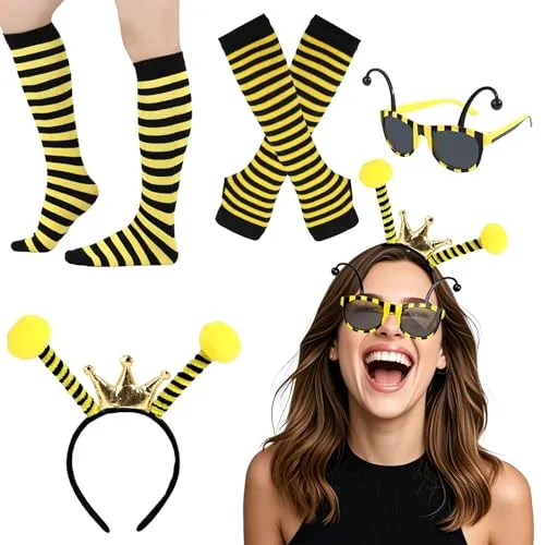 Makoto Nobu 4stk Bienen Kostüm Damen Mädchen, Bienenkostüm Erwachsene Damen mit Haarreif Handschuhe Beinsocken Sonnenbrille Bienen Kostüm für Fasching Karneval Fasching Kostüm Verkleidung