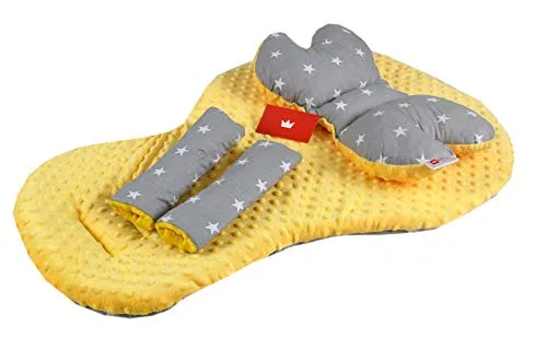 BABYLUX Kinderwagen SITZAUFLAGE Kissen Gurtschoner f. Buggy Autoschale Einlage (6. Gelb + Sterne, 3 Tlg Sitzauflage + Kissen + Gurtpolster)