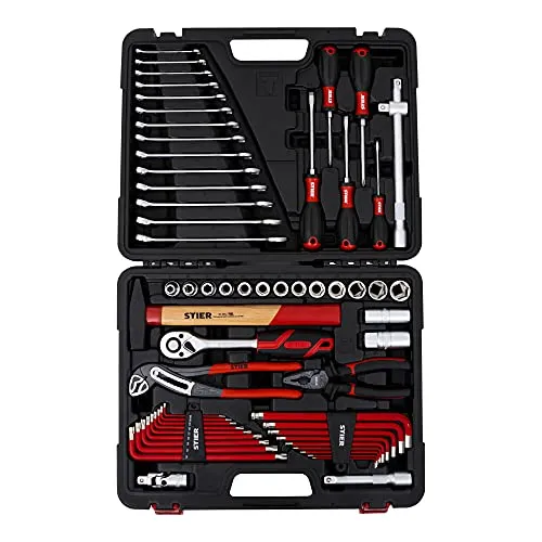 STIER Werkzeugkoffer mit 60-teiligem Werkzeugsortiment - Werkzeugkoffer mit umfangreichem 60-teiligem Handwerker-Set, ideal für mobile Einsätze und tägliche Anwendungen. Hohe Ergonomie und Leistungsstärke, perfekt für Profis und Heimwerker.