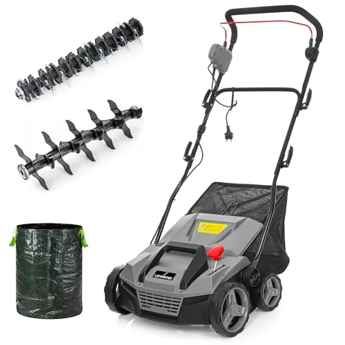 LEHMANN Elektro-Vertikutierer & Rasenlüfter 2-in-1, 1800 W, Arbeitsbreite 38 cm, 5-stufige Arbeitstiefeneinstellung, Rasenvertikutierer mit 48 L Fangkorb, kugelgelagerte Messer- & Lüfterwalze, Grau