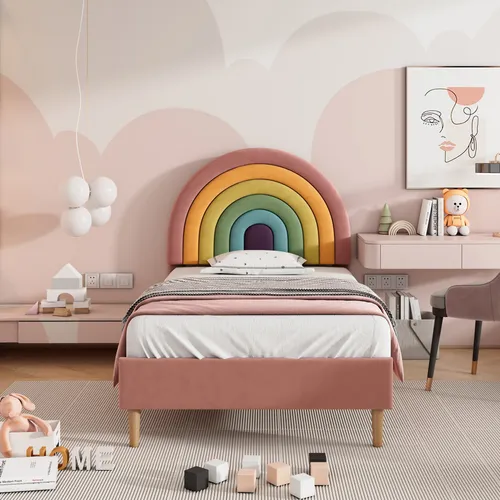Flieks Polsterbett 90x200cm, Regenbogen Kinderbett - Jugendbett aus hochwertigem Samt mit höhenverstellbarem, regenbogenförmigem Kopfteil für stilvolle Kinderzimmer und eine maximale Belastbarkeit von 150 kg.
