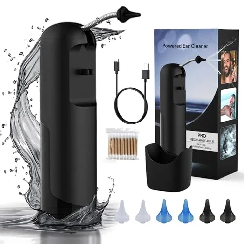 NBVNBV Ohrenschmalz Entferner, Elektrische Ohrenreiniger Massierenden Wasserstrahl Ohrenspülung -6 Ersatzspitzen Wiederaufladbare Wasserfestes Ohrendusche für Erwachsene Kinder Ohrspülgerät, Schwarz