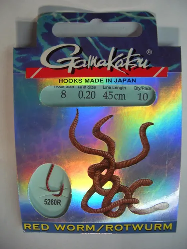 gebundene Gamakatsu Haken Rotwurmhaken 5260R, Größe 8, 0,20 mm, 45 cm, 10 Stück