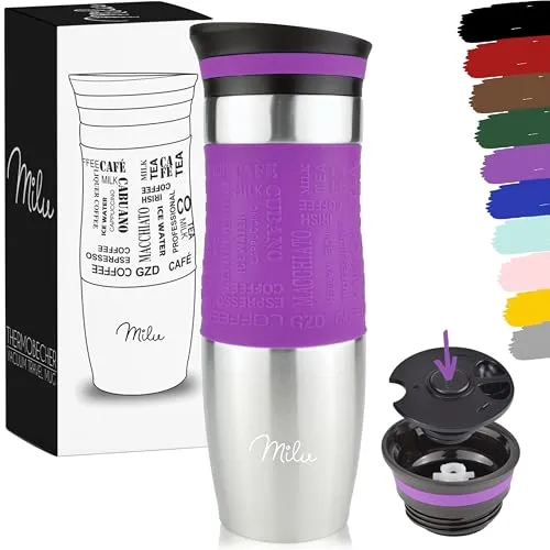 Milu Thermobecher Kaffee to go 370ml, 450ml Isolierbecher Kaffeebecher - 100% Auslaufsicher - Trinkbecher aus Edelstahl - Autobecher doppelwand Isolierung - Travel Mug (Violett, 450ml)