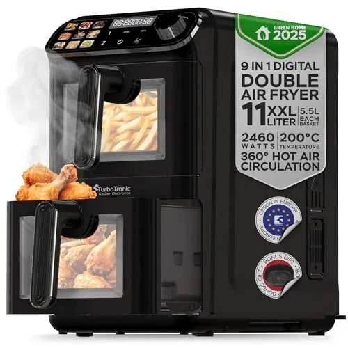 TurboTronic Heißluftfritteuse XXL – 11 L vertikale Doppelkammer Heißluftfritteuse 2 × 5,5 L DualZone, platzsparendes Double-Stack-Design AirFryer inkl. Silikoneinlagen, fettarmes Frittieren ohne Öl