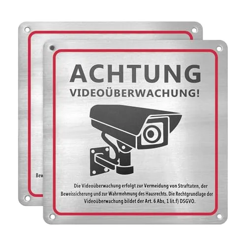 Skythrive Schild Videoüberwachung 2 Stück 15x15cm Aluminium Achtung Videoüberwachung Schilds für Privatgrundstück Kameraüberwachung oder Kamera Attrappe