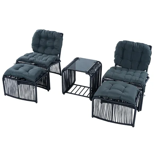 Gartenlounge-Set 5-teilig mit Glastisch und Stühlen - Schwarz - Stilvolles Loungeset für bis zu 4 Personen. Mit robustem Stahlgestell, UV-beständigem Material und komfortablen Kissen für entspannte Stunden im Garten oder auf dem Balkon.