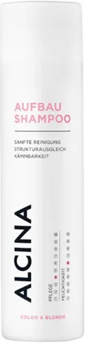 ALCINA Aufbau-Shampoo 250 ml - Sanfte Haarreinigung für blondiertes und strapaziertes Haar. Dieses Shampoo bietet eine effektive Pflege mit ausgewählten Inhaltsstoffen für verbesserte Kämmbarkeit und gepflegtes Aussehen. Ideal für den täglichen Einsatz.