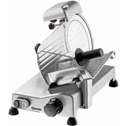 Bartscher Plus Aufschnittmaschine 174196 - 195 mm Messerdurchmesser - Allesschneider mit 195 mm Messer, ideal für präzise Schnittstärken und müheloses Schneiden von Wurst. Kompakte Bauweise, einfache Handhabung und abnehmbarer Schlitten für komfortable Reinigung.