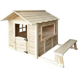 HOME DELUXE Spielhaus aus Holz für Kinder - Gartenhaus aus naturbelassenem Holz mit integrierter Bank, ideal für kreatives Spielen im Freien.