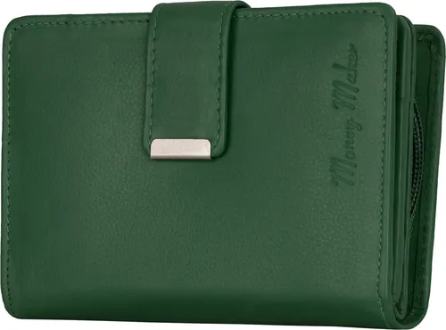 RFID Damen Geldbörse aus Echtleder in Grün (509B) - Elegantes Portemonnaie im Querformat mit RFID-Schutz, ideal zum Schutz Ihrer Kreditkarten. Aus hochwertigem Echtleder gefertigt, bietet es Platz für 9 Karten und hat ein praktisches Münzfach.